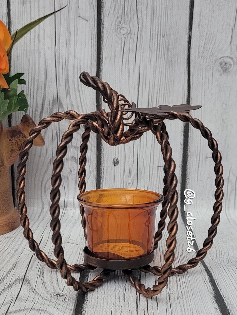 Amber Glass Pumpkin Votive Holder with Twisted Metal Frame